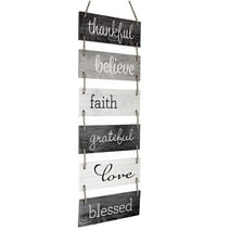 Excello Global Products Large Hanging Wall Sign: Rustic Wooden Decor (Grateful, Love, Believe, Thankful, Faith, Blessed) Hanging Wood Wall Decoration (11.75" x 32") - EGP-HD-0136