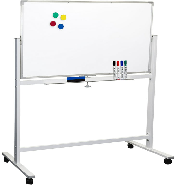 Excello Global Products Large White Board on Wheels Double Sided: 1  Reversible Magnetic Dry Erase Board with Rolling Stand, 4 Dry Erase  Markers, 1 Eraser, 4 Magnets, 1 Marker Tray, 48x32 