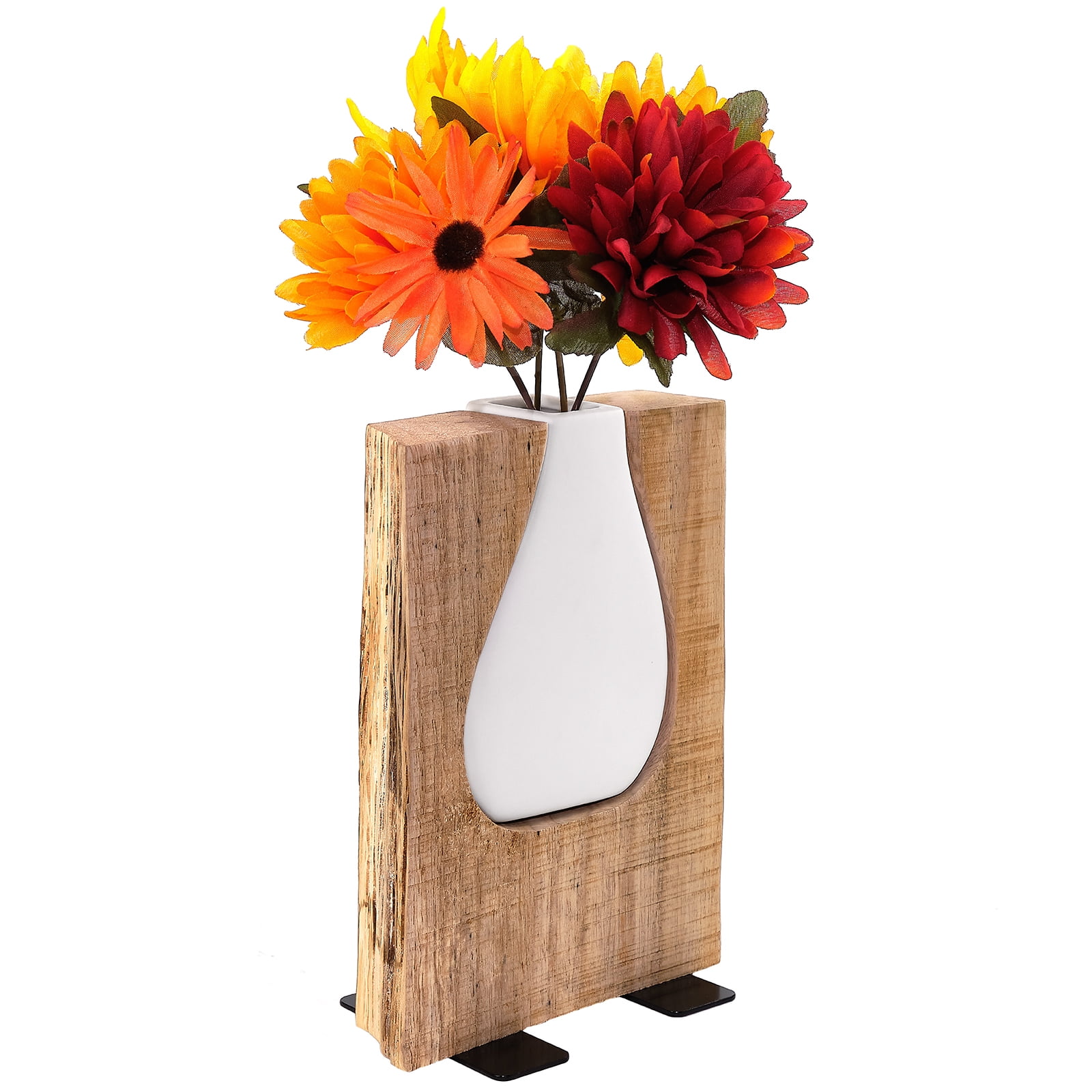 Short Matte White Glass and Rustic Wood Decorative Vase