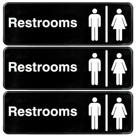 Excello Global Products Men/Woman Restroom Sign: Easy to Mount Informative Plastic Sign with Symbols 9"x3", Pack of 3 (Black) - EGP-HD-0250
