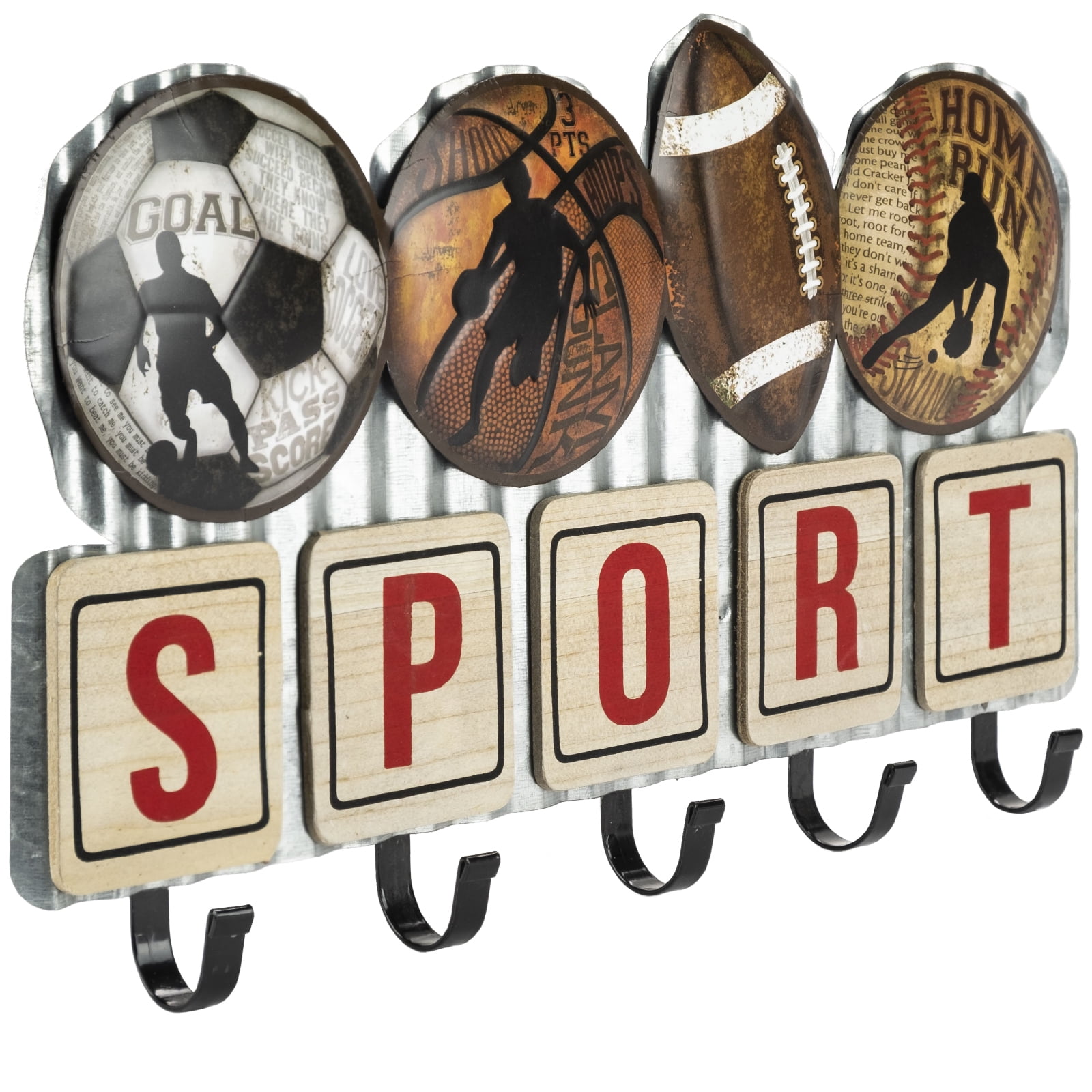 Vintage Sports Metal Coat Rack with 5 Hooks