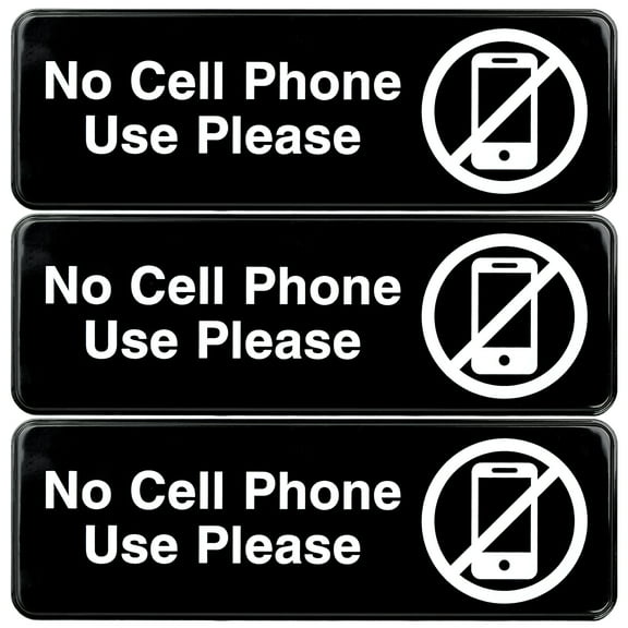 Excello Global Products No Cell Phone Use, Please Sign: for Business Office Workplace Signage Gas Stations: Easy to Mount Informative Plastic Sign with Symbols 9x3, Pack of 3 (Black) - EGP-HD-0266