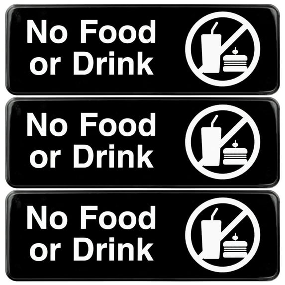 Excello Global Products No Food or Drink Sign: Easy to Mount Informative Plastic Sign with Symbols 9x3, Pack of 3 (Black) - EGP-HD-0267
