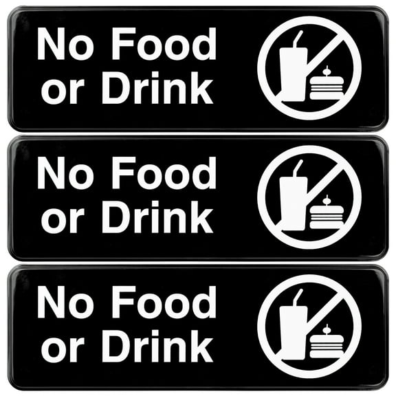 Excello Global Products No Food or Drink Sign: Easy to Mount Informative Plastic Sign with Symbols 9x3, Pack of 3 (Black) - EGP-HD-0267