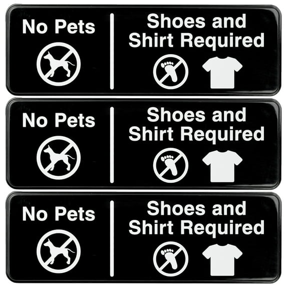 Excello Global Products No Pets, Shoes, Shirt Required Sign: Easy to Mount Informative Plastic Sign with Symbols 9"x3", Pack of 3 (Black) - EGP-HD-0272