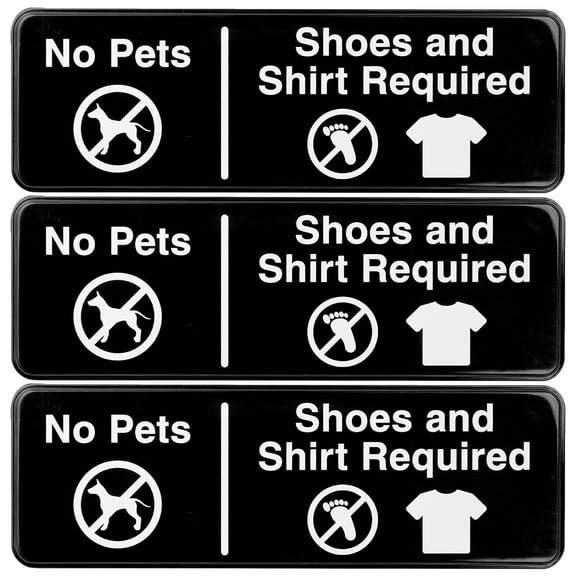 Excello Global Products No Pets, Shoes, Shirt Required Sign: Easy to Mount Informative Plastic Sign with Symbols 9"x3", Pack of 3 (Black) - EGP-HD-0272
