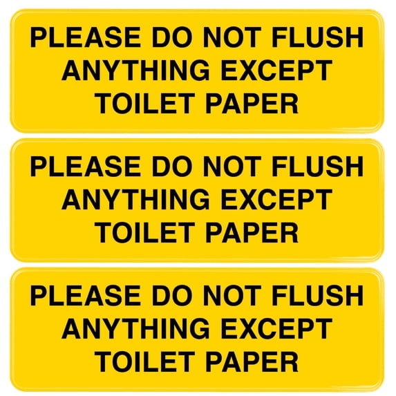 Excello Global Products Please Do Not Flush Anything Except Toilet Paper Sign: Easy to Mount Informative Plastic Sign with Symbols 9"x3", Pack of 3 (Yellow) - EGP-HD-0255A