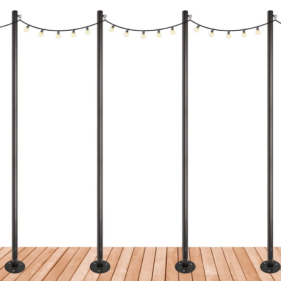 Excello Global Products 10' Deck Mount Black Steel String Light Poles with Carabiner Clips (4 Count)