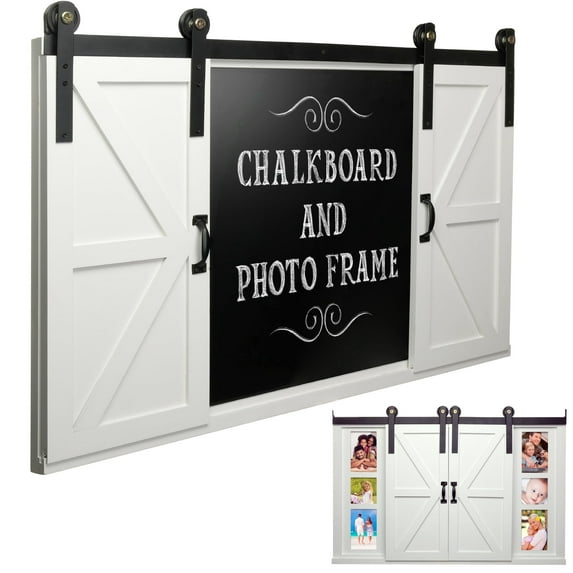 Excello Global Products Rustic Wood Chalkboard with Four 4x6 Hideaway Photos: Large Wall Mounted Magnetic Chalk Board, Perfect for Kitchen Dcor, Restaurant Menu, Bulletin Sign (White) - EGP-HD-0148B