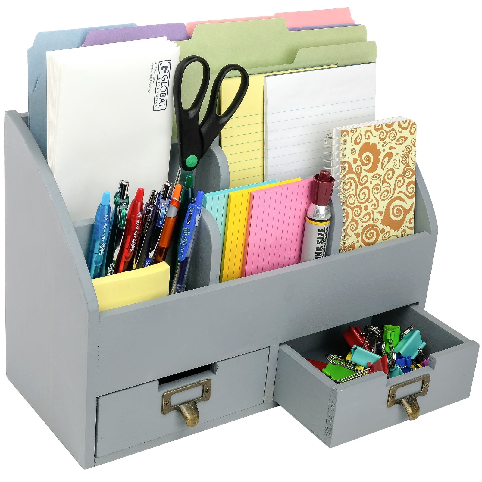 Gray Rustic Wood Desk Organizer with 6 Compartments and 2 Drawers