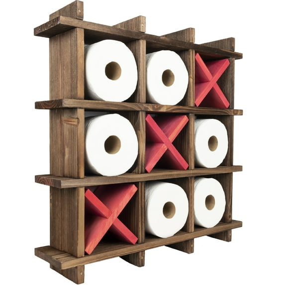 Excello Global Products Rustic Wooden Toilet Paper Holder: Tic Tac Toe Design for Wall Mounted or Freestanding Bathroom Tissue Roll Storage Organizer - EGP-HD-0162-OS