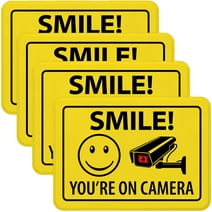 Excello Global Products SMILE Security Surveillance Sign - 5"x7" Plastic Signs for Businesses with Easy Mount Adhesive Strips (Pack of 4) - EGP-HD-0414