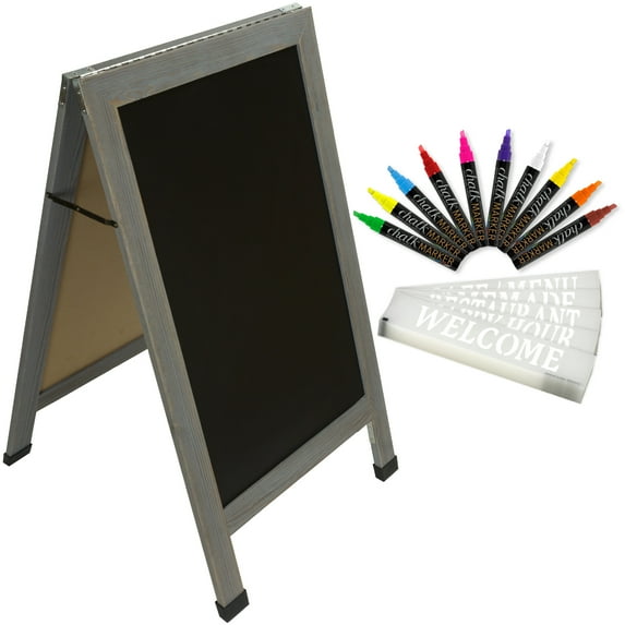 Excello Global Products Sandwich Board Sidewalk Chalkboard Sign 40x23 Standing Sign A-Frame - 3 - Whitewash Grey - EGP-CKB-0011