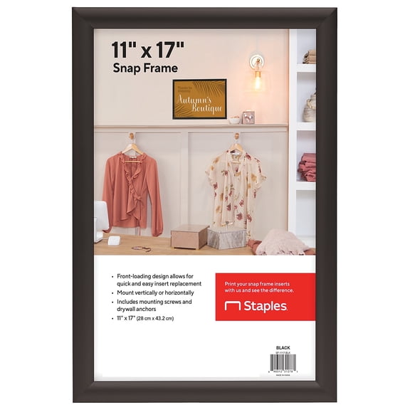 Staples Snap Frame Poster Holder 11" x 17" Wall Mounted Vertical/Horizontal Black Metal