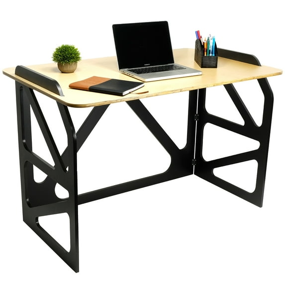 Excello Global Products Stow Away Desk with 30" x 47" Writing Surface: Perfect for Apartments, Dorms, Small Spaces and Work from Home (Natural & Black Finish) - EGP-HD-0428