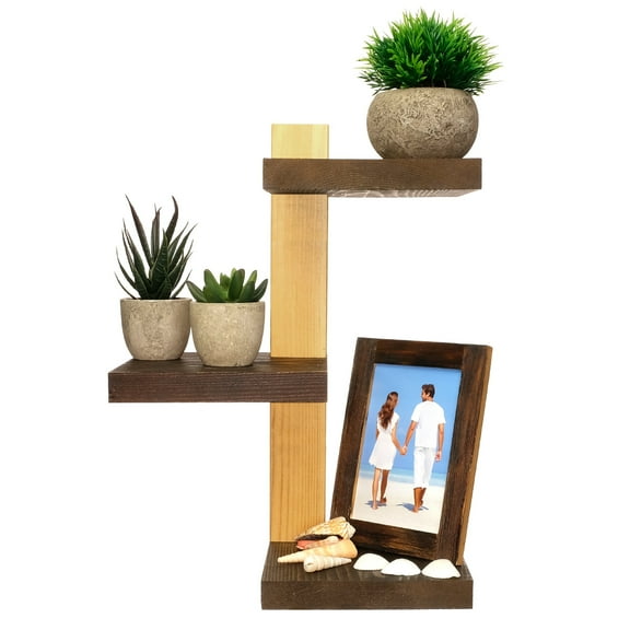 Excello Global Products Three Tier Floating Corner Shelves - Easy to Assemble, Multiple Configurations (Dark Brown & Natural Wood) - EGP-HD-0401