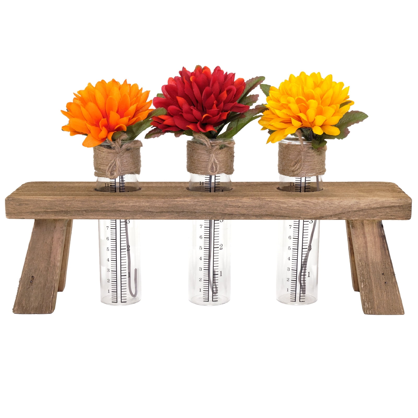 Rustic Wooden Flower Holder with 3 Glass Test Tube Vases