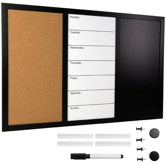 Excello Global Products Wall Board Combo Whiteboard Corkboard & Chalkboard: Magnetic Large Weekly Daily Planner Note Reminder Wall Mounted Task Organizer 23.5"x15" - EGP-HD-0317