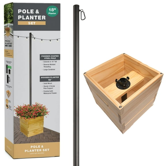 Excello Global Products 18” x 18” Brown and Black Wooden Planter Box Set with 10' String Light Pole