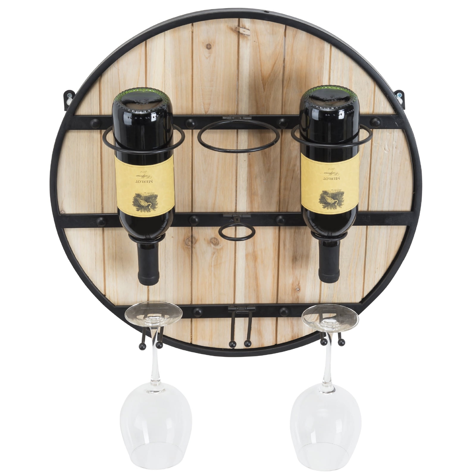 Round Black Metal and Wood Wall Mounted Wine Rack