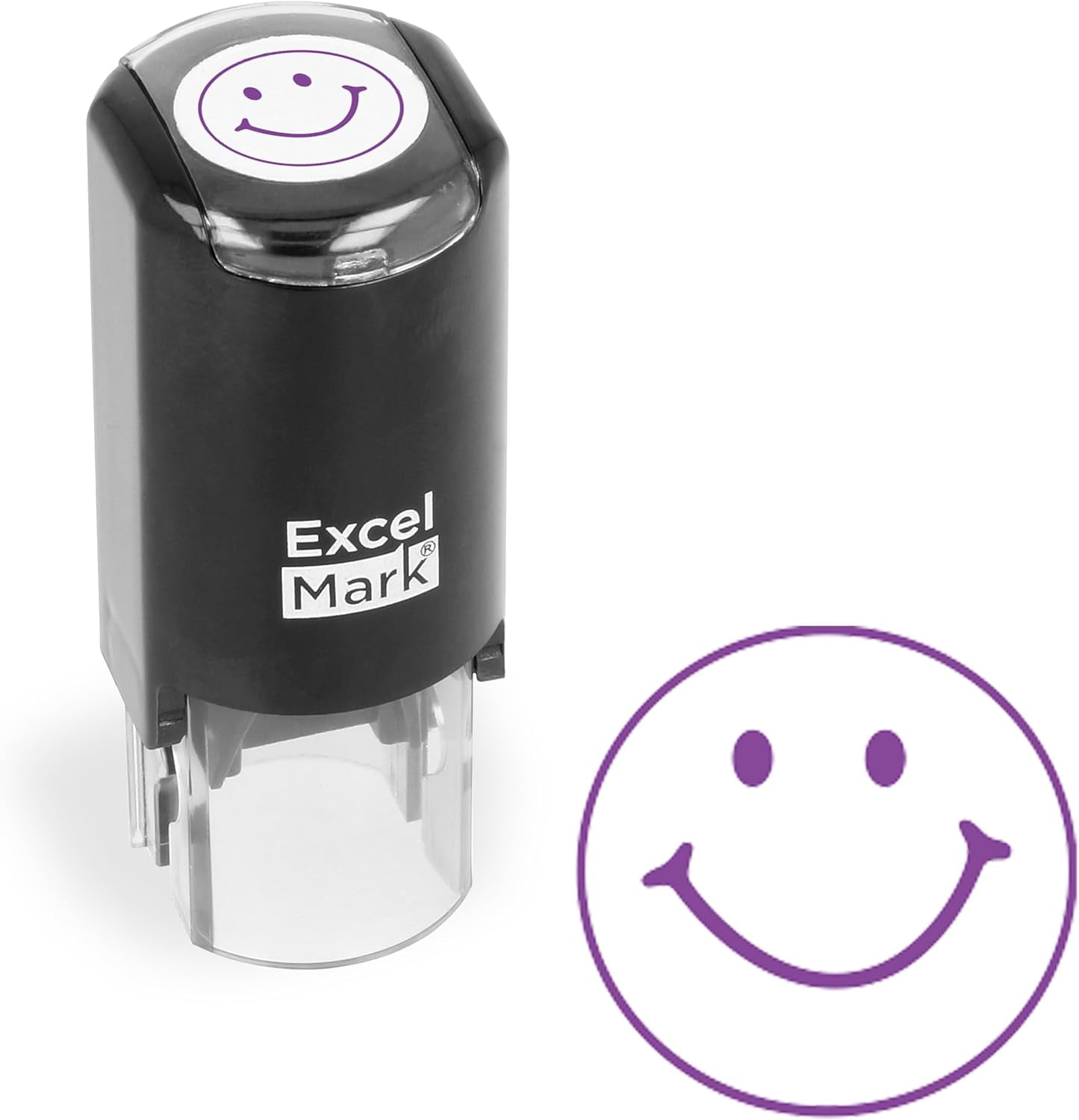 Excelmark Smiley Face Stamp, All-Season Teacher Stamp, Easy to Use Self-Inking Stamp, Round Teacher Stamp Classroom Supplies, Rubber Stamp with an ABS Plastic Construction, Purple Ink.