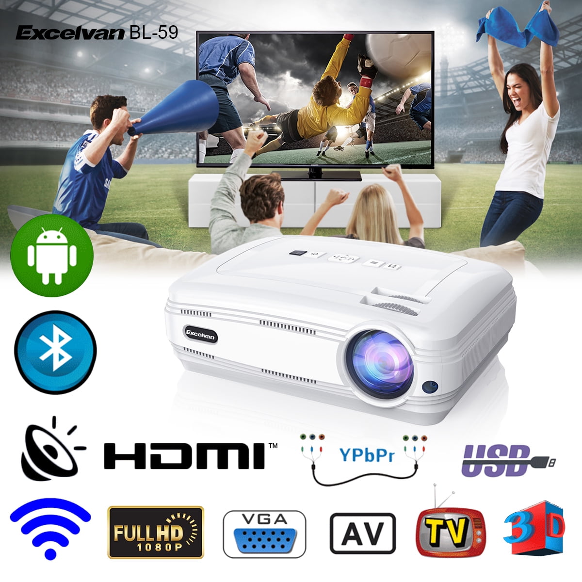 Excelvan BL-59 Android 6.0.1 3200 Lumens 1280*768 200 Inch Multimedia ...