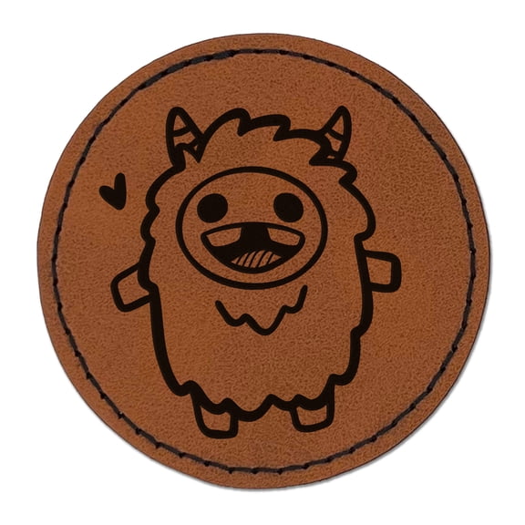 Excited Happy Kawaii Chibi Yeti 2.5" Faux Leather Round Engraved Iron-On Patch - Brown