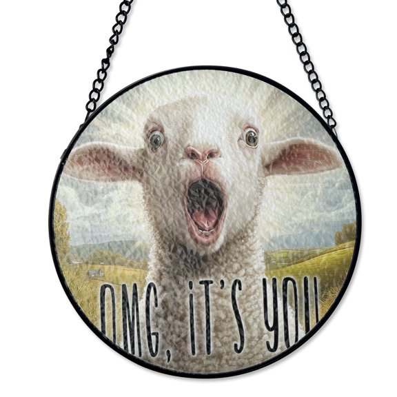 Excited Lamb Spring Easter Suncatcher, Stained Glass Style UV Printed Glass, Farm Animal Holiday Decor Gift, Round