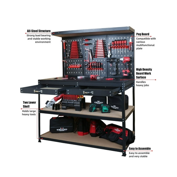 Excited Work Workbench,47.2 inch Multipurpose Garage Worktable with Drawer and Peg Board Hook Kit,Suitable for Home, Garage, and DIY Projects