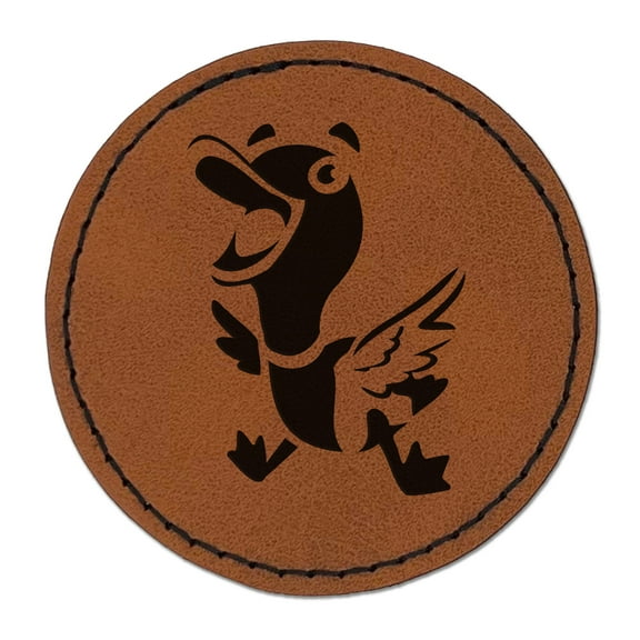 Excited and Happy Mallard Duck Cartoon 2.5" Faux Leather Round Engraved Iron-On Patch - Brown