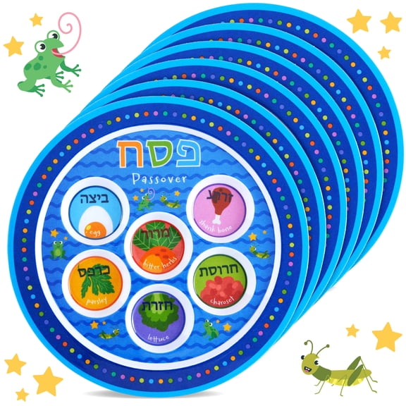 Exciting Childrens Passover Seder Plate 9" Melamine BPA-Free Colorful Kids Pesach Seder Plates Marked with Symbolic Traditional Seder Foods Round Seder Tray Passover Dinnerware by Zion Judaica - 6 PK