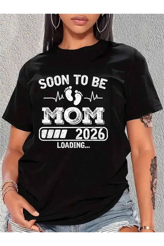 Exciting Soon To Be Mom 2026 Loading Maternity Announcement T-Shirt, Future Parent Pregnancy Reveal Gift, Cute Footprint Heartbeat Design Tee