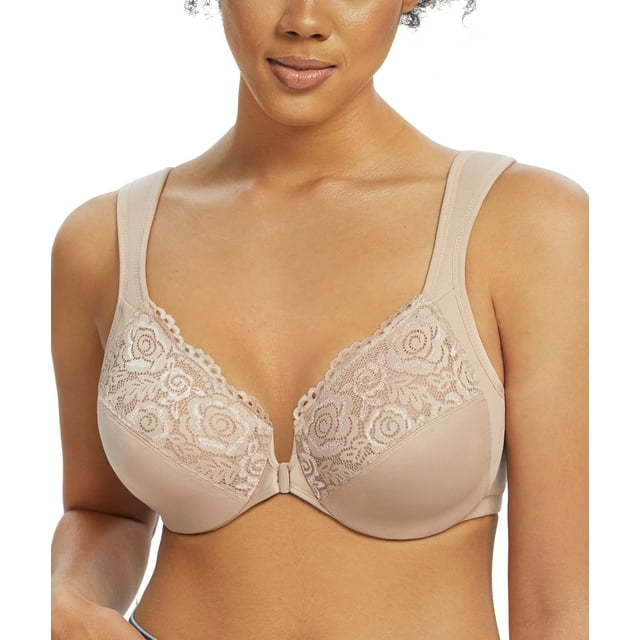 Exclare Women's Plus Size Front Closure Bra, Beige, Wide Strap, U-Back, Underwire Size 34G