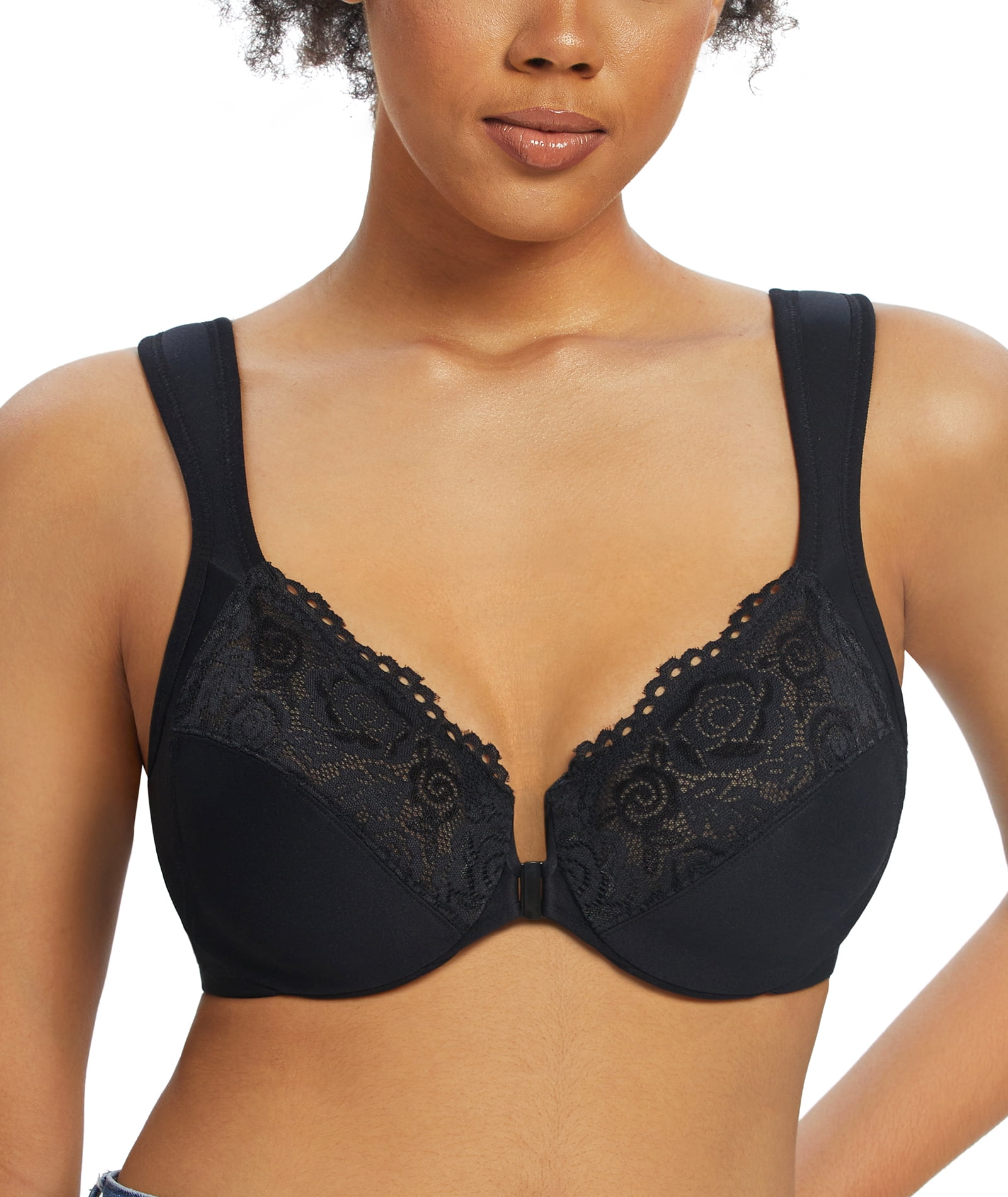Exclare Racerback Full Figure Underwire Women's Front Close Bra Plus Size  Seamless Unlined Bra For Large Bust(Black,38D)