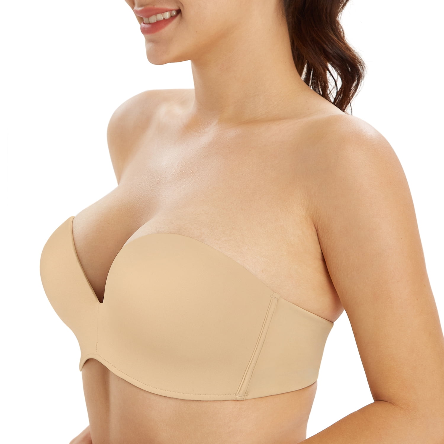 Exclare Lace Embroidery Wirefree Anti-slip Push Up Strapless Bra Women Hand  Shape Everyday Bras Custom Lift(Beige,36DD） 