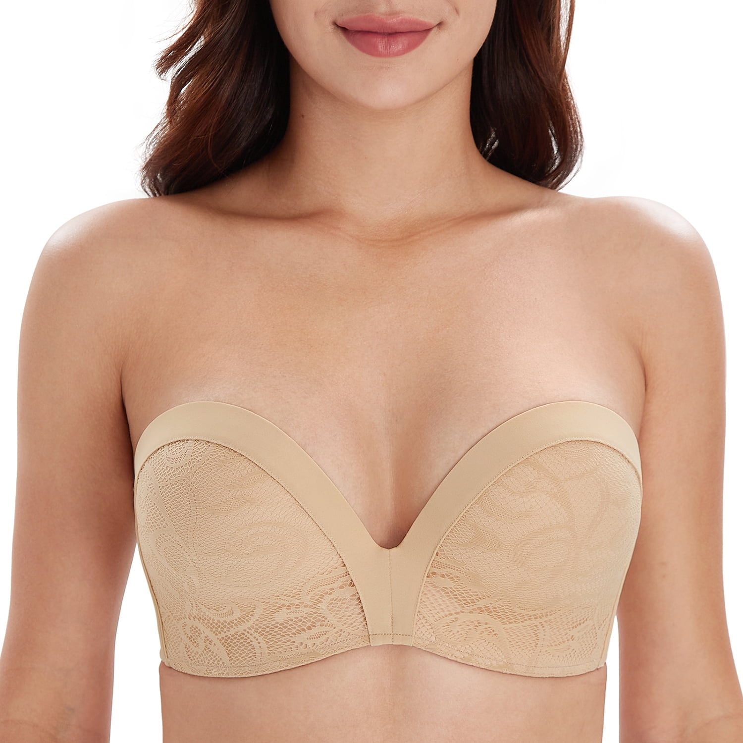 Exclare Lace Embroidery Wirefree Anti-slip Push Up Strapless Bra Women Hand  Shape Everyday Bras Custom Lift(Beige-Lace Black,32B）