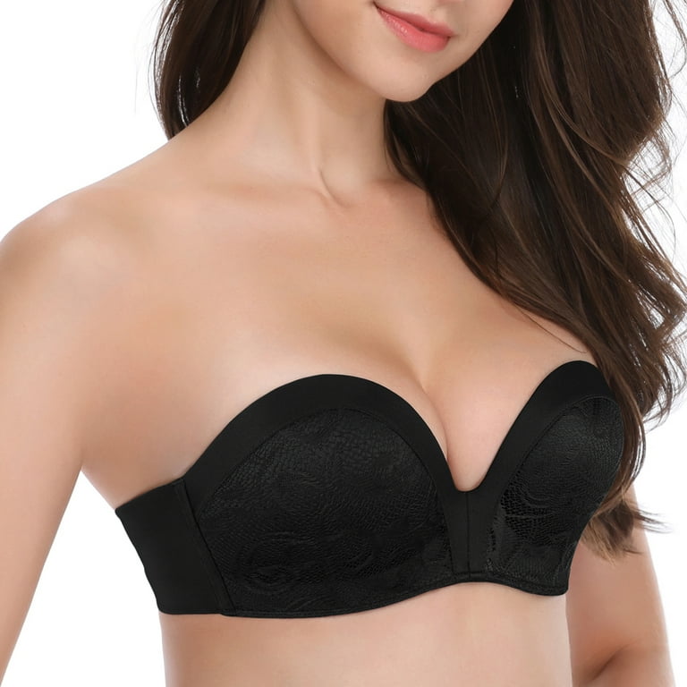 Exclare Lace Embroidery Wirefree Anti-slip Push Up Strapless Bra Women Hand  Shape Everyday Bras Custom Lift(Black-Lace Black,30D）