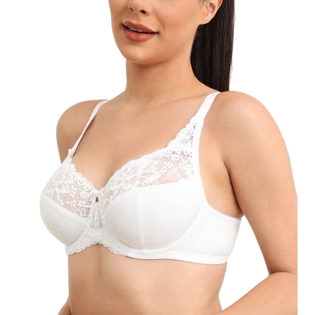 Exclare Women Full Coverage Plus Size Bras Lace Floral Underwire Bra(White,40D)