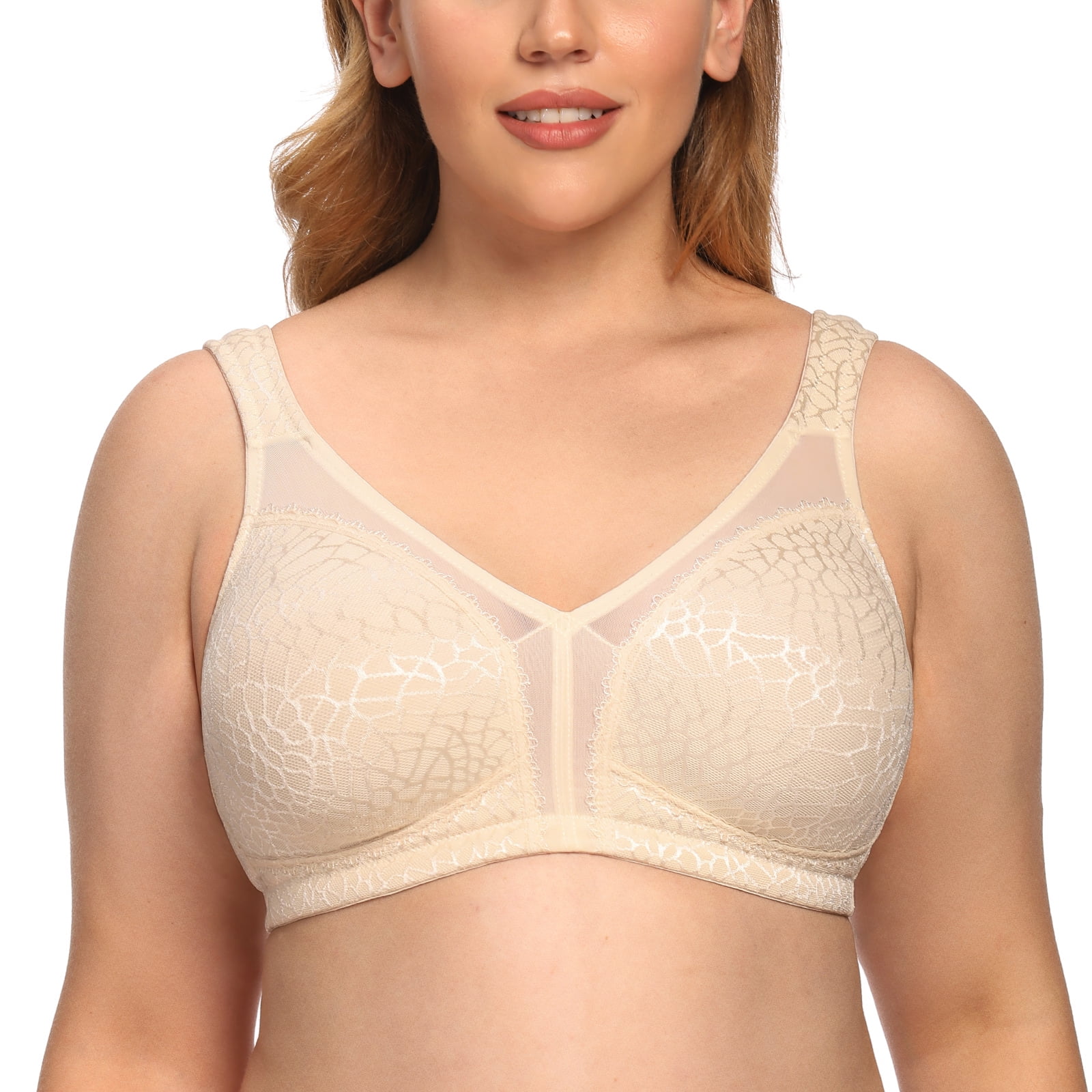 Exclare Women's Comfort Full Coverage Double Support Unpadded Wirefree Plus  Size Minimizer Bra (46B, Beige) 
