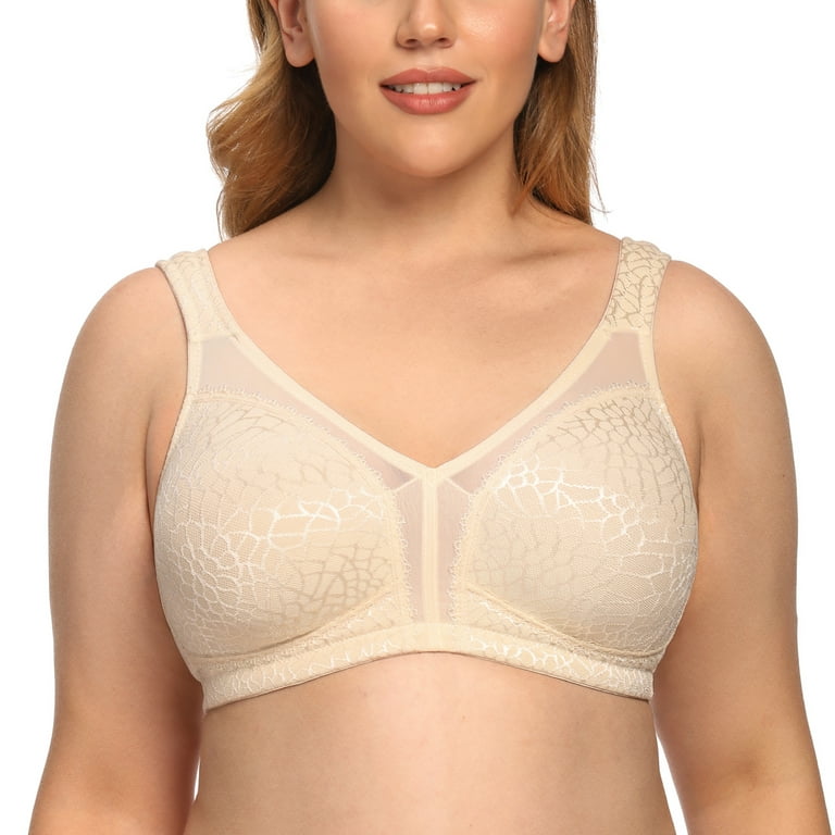  Womens Full Coverage Underwired Plus Size Floral Lace Bra  Non Padded Comfort Bra 44I Beige