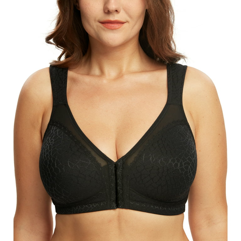 Exclare Women's Front Closure Full Coverage Wirefree Posture Back Everyday  Bra(40DD, Black)
