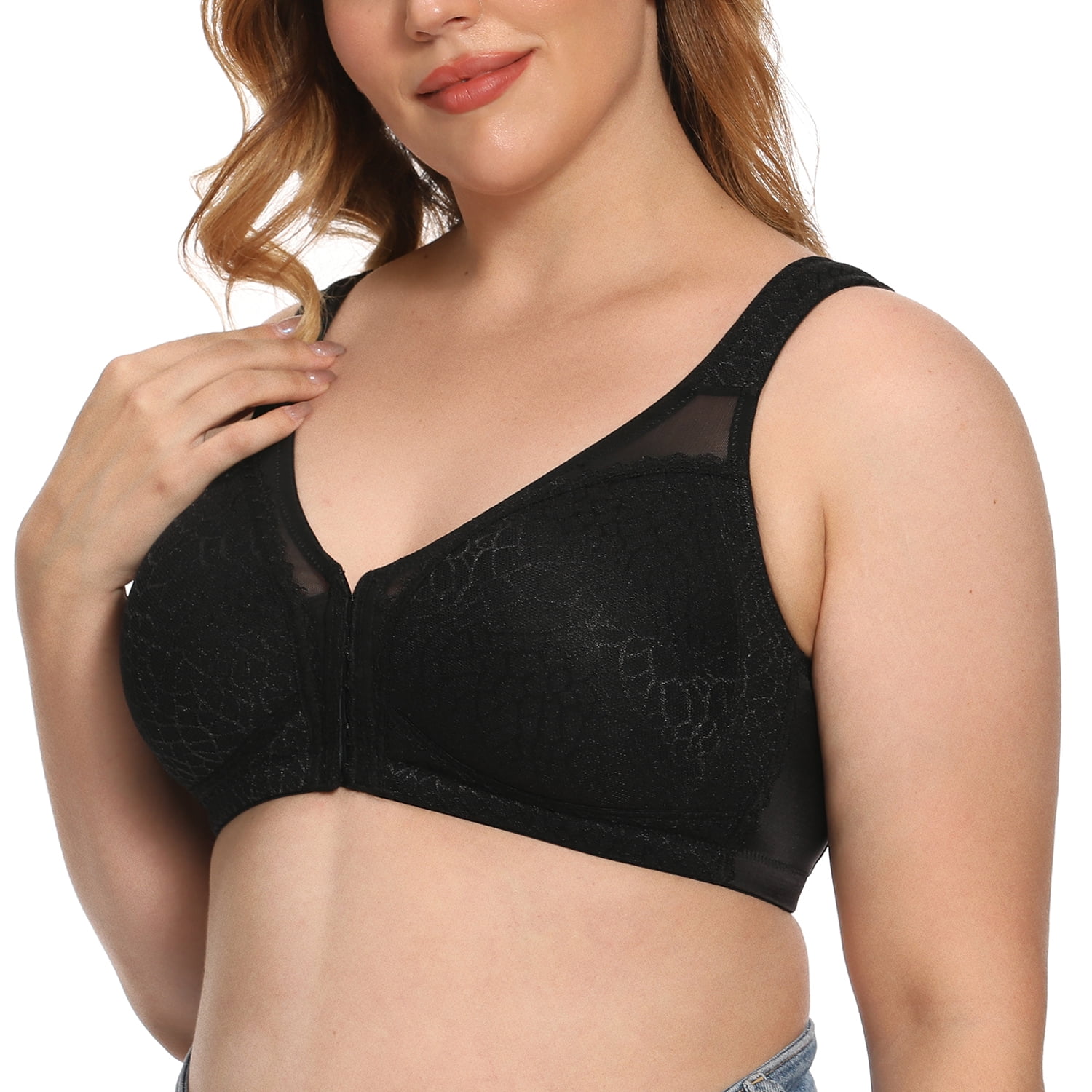 Exclare Women's Front Closure Full Coverage Wirefree Posture Back Everyday  Bra(44DD, Black) 