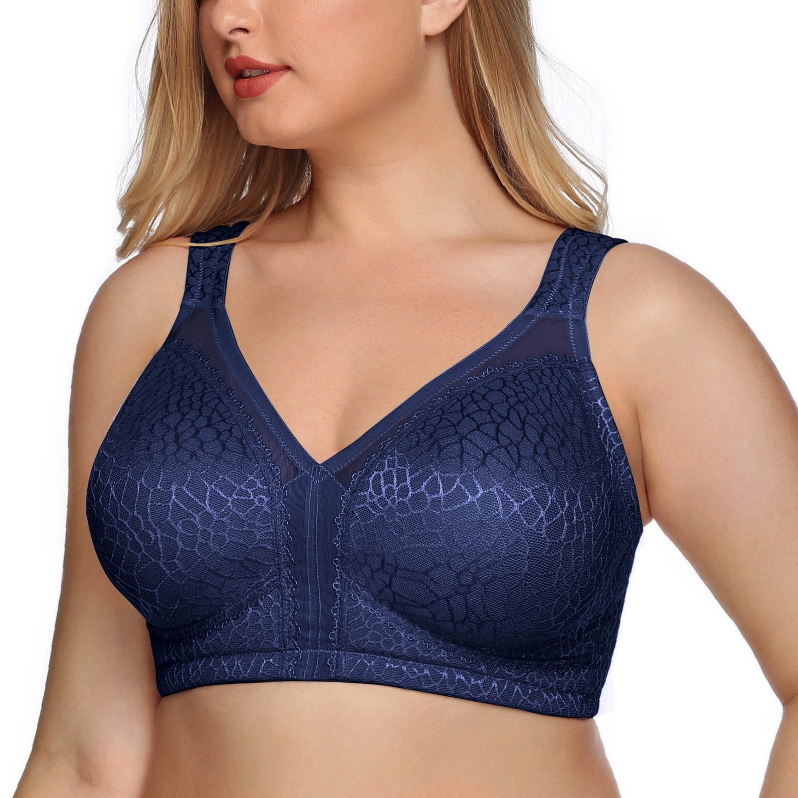  Womens Plus Size Full Coverage Wirefree Unlined Minimizer  Lace Bra 44-DD Gray