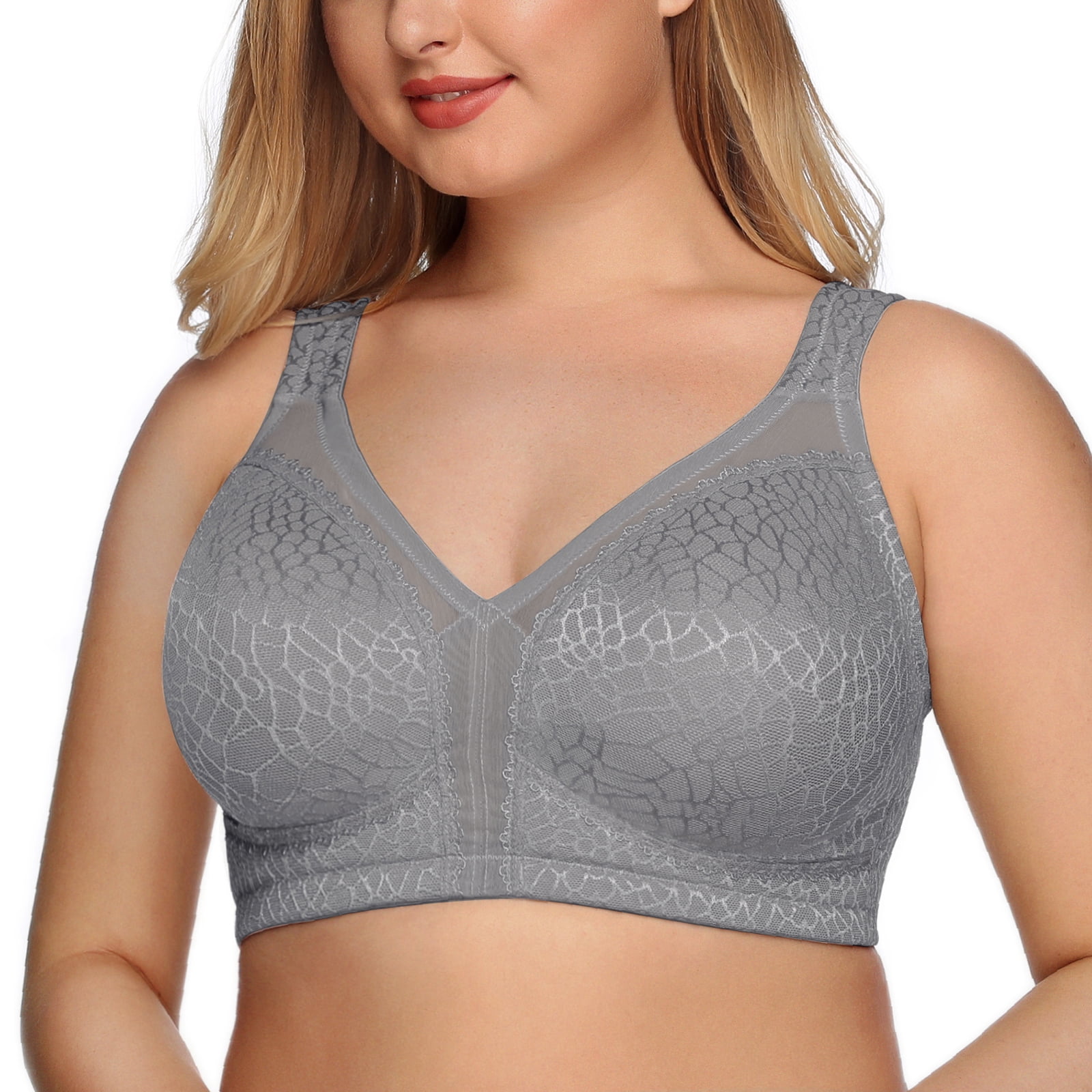 Exclare Women's Front Closure Full Coverage Wirefree Posture Back Everyday  Bra(Grey,44D)
