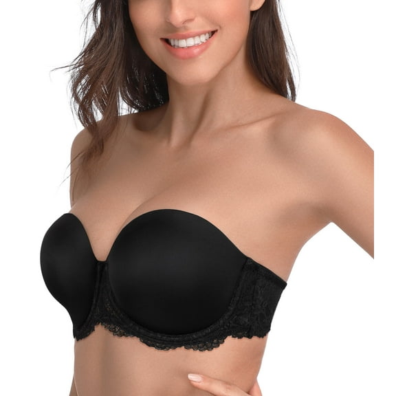 Exerin Women's Strapless Lace Bra Full Figure Underwire Push Up Plus Size Bra(Black,40DD)