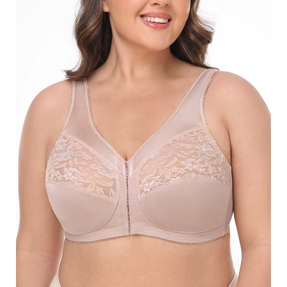 Exclare Womens Front Closure Bras Non-padded Wirefree Full Coverage Bra(Beige,46C)