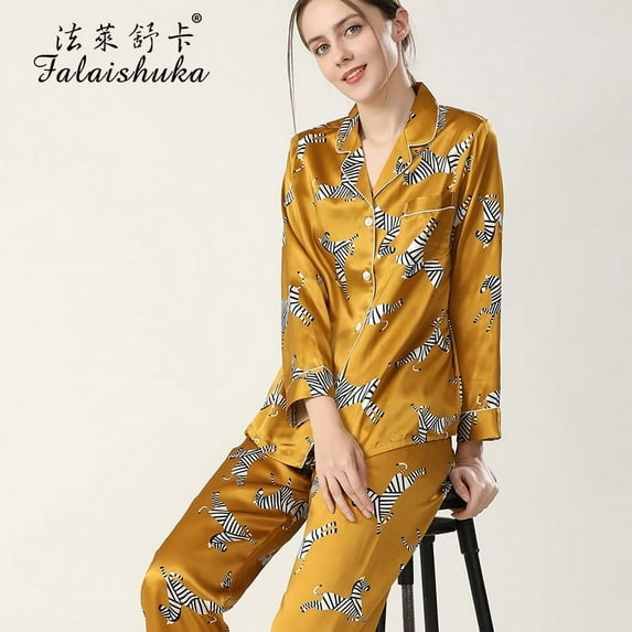Exclusive 19mm new printed heavyweight silk sleepwear for nobles, women's mulberry silk long sleeved home suit set