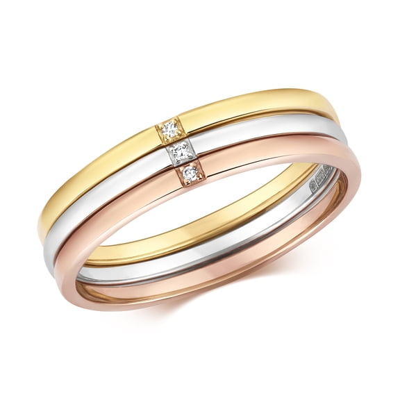 Exclusive 9k 3 Colour Gold Women Diamond Stacked Ring Brilliant Cut H - I1