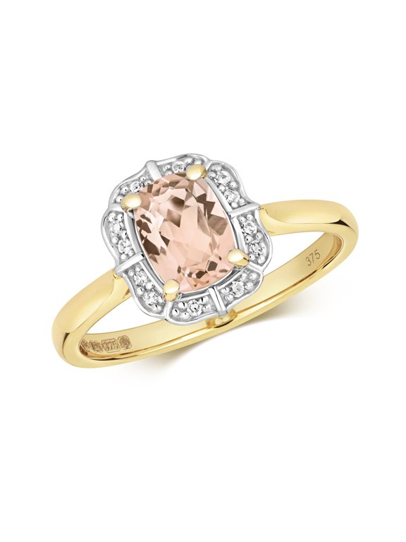 Exclusive 9k Gold Women Cluster Diamond Solitaire Ring Brilliant Cut 0.06 Carat with Morganite