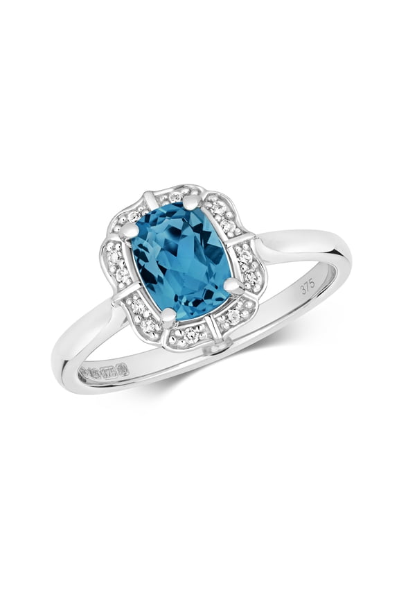 Exclusive 9k White Gold Women Cluster Diamond Solitaire Ring Brilliant Cut 0.06 Carat with London BlueTopaz